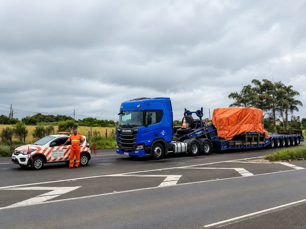 Caminhão transportando máquina agrícola